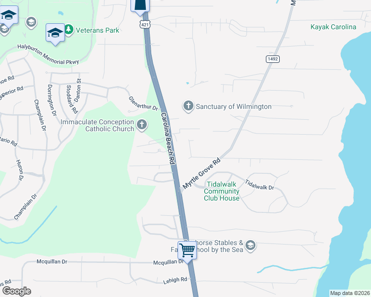 map of restaurants, bars, coffee shops, grocery stores, and more near 6727 Carolina Beach Road in Wilmington