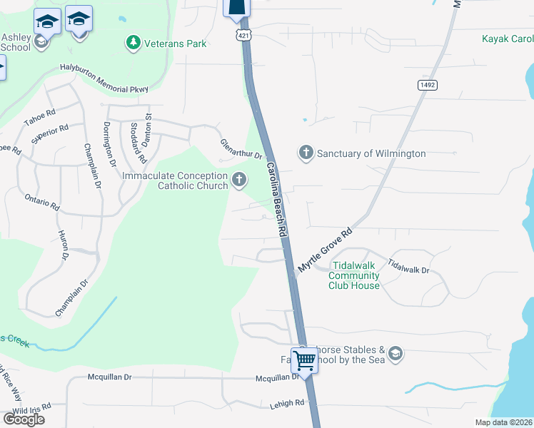 map of restaurants, bars, coffee shops, grocery stores, and more near 6724 Carolina Beach Road in Wilmington