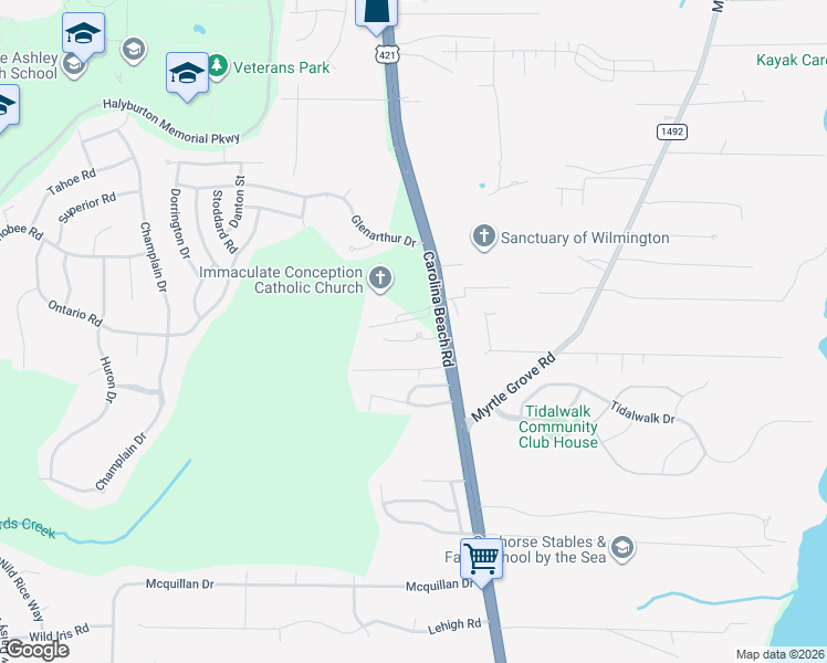 map of restaurants, bars, coffee shops, grocery stores, and more near 6724 Carolina Beach Road in Wilmington