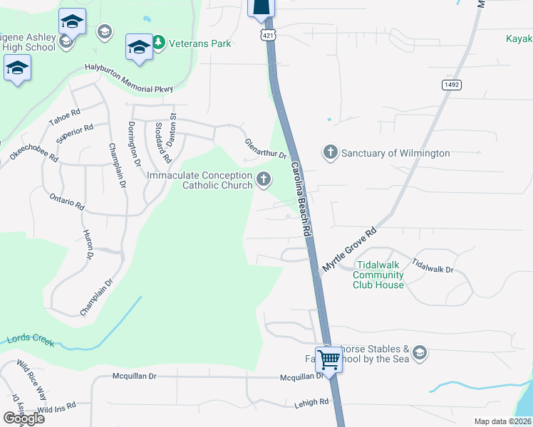 map of restaurants, bars, coffee shops, grocery stores, and more near 6724 Carolina Beach Road in Wilmington