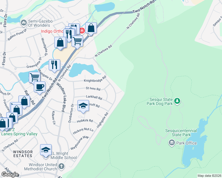 map of restaurants, bars, coffee shops, grocery stores, and more near 9826 Highgate Road in Columbia