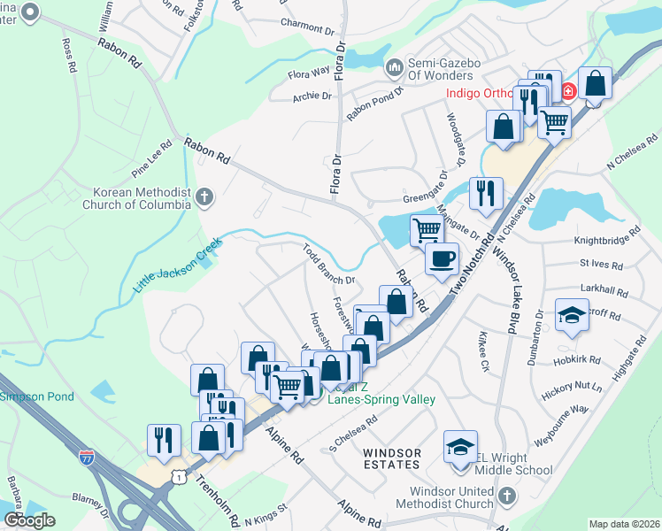 map of restaurants, bars, coffee shops, grocery stores, and more near 308 Todd Branch Drive in Columbia