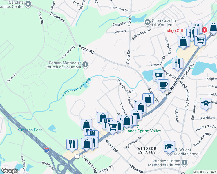 map of restaurants, bars, coffee shops, grocery stores, and more near 117 Quantas Drive in Columbia