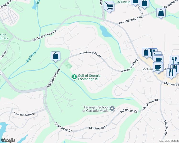 map of restaurants, bars, coffee shops, grocery stores, and more near 5045 Walnut Creek Trail in Alpharetta