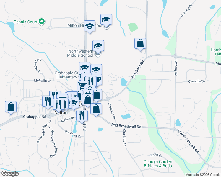 map of restaurants, bars, coffee shops, grocery stores, and more near 900 Mayfield Road in Alpharetta
