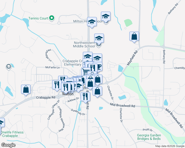 map of restaurants, bars, coffee shops, grocery stores, and more near 12655 Birmingham Highway in Alpharetta