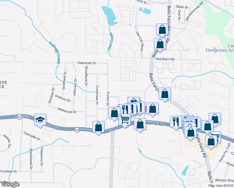 map of restaurants, bars, coffee shops, grocery stores, and more near 1300 Spring Lane in Acworth