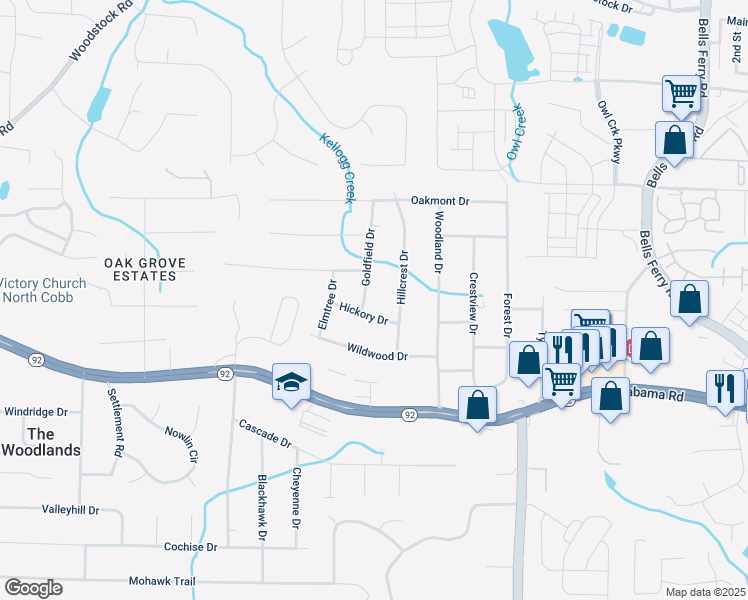 map of restaurants, bars, coffee shops, grocery stores, and more near 5666 Goldfield Drive in Acworth