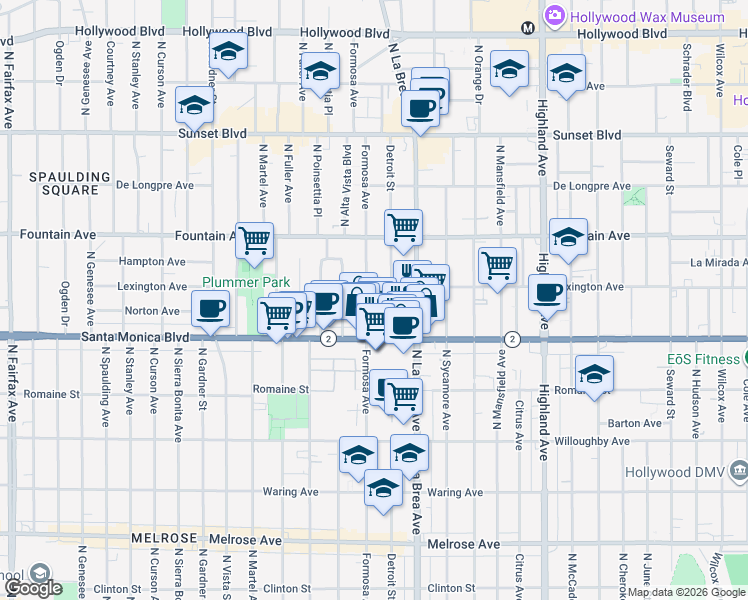 map of restaurants, bars, coffee shops, grocery stores, and more near 1146 North Formosa Avenue in West Hollywood