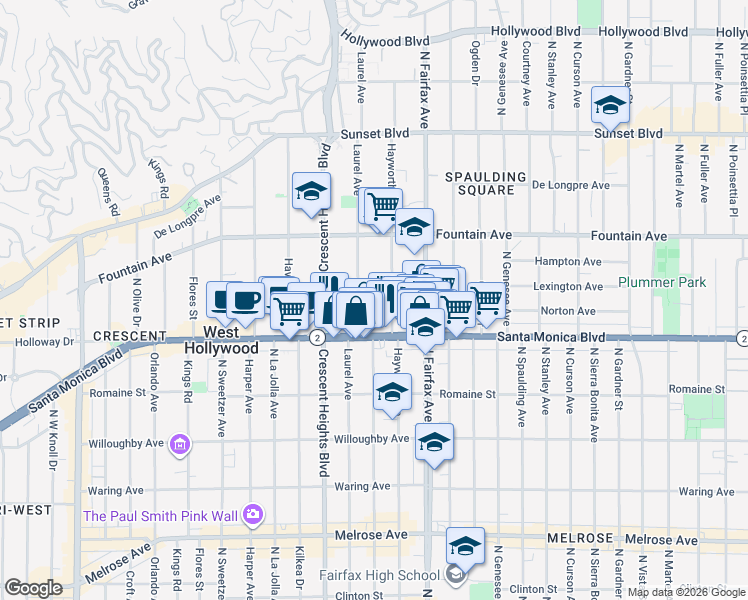 map of restaurants, bars, coffee shops, grocery stores, and more near 7969 Norton Avenue in West Hollywood