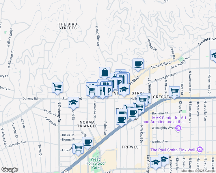 map of restaurants, bars, coffee shops, grocery stores, and more near 8780 Shoreham Drive in West Hollywood