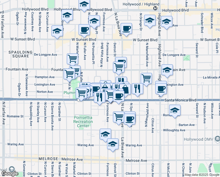 map of restaurants, bars, coffee shops, grocery stores, and more near 1146 North Formosa Avenue in West Hollywood