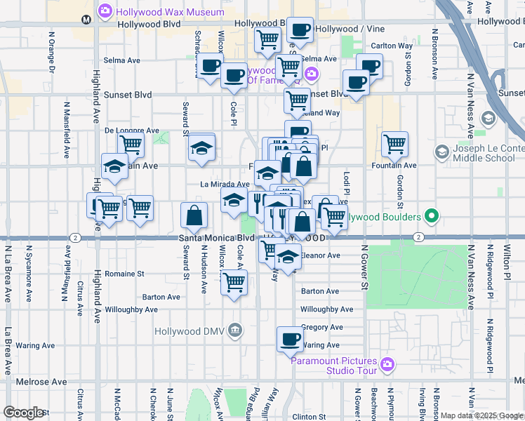 map of restaurants, bars, coffee shops, grocery stores, and more near 1144 North Cahuenga Boulevard in Los Angeles