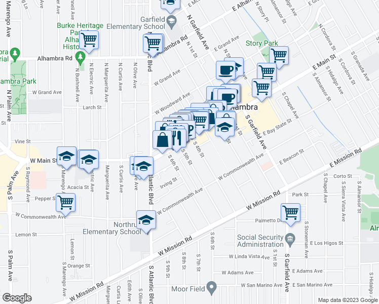 map of restaurants, bars, coffee shops, grocery stores, and more near 58 South 5th Street in Alhambra