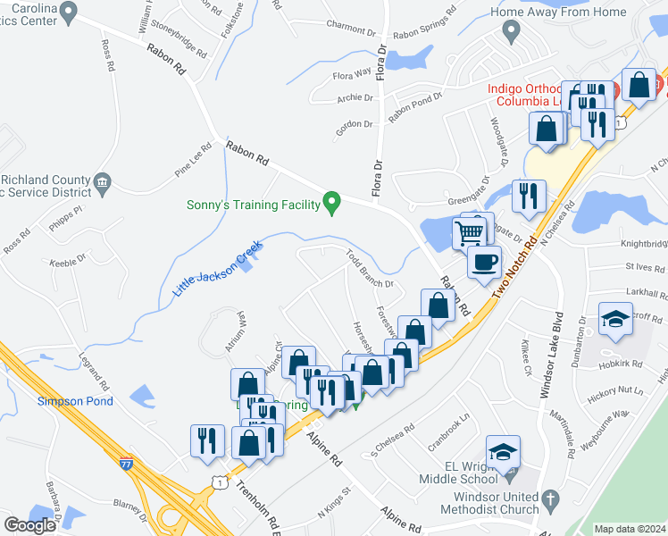 map of restaurants, bars, coffee shops, grocery stores, and more near 218 Horseshoe Circle in Columbia