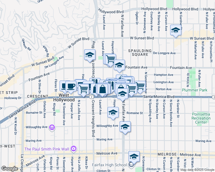 map of restaurants, bars, coffee shops, grocery stores, and more near 7969 Norton Avenue in West Hollywood