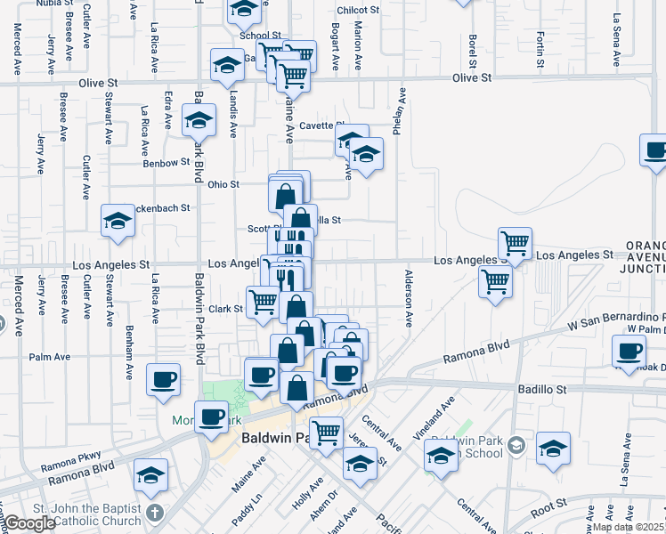 map of restaurants, bars, coffee shops, grocery stores, and more near 14526 Los Angeles Street in Baldwin Park