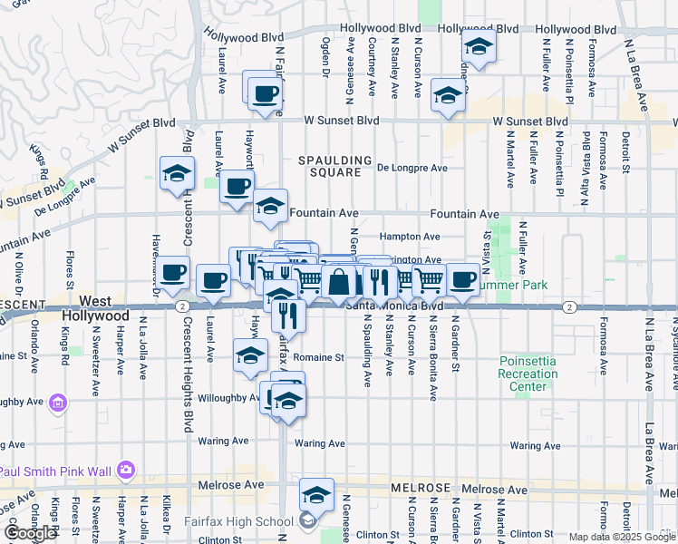 map of restaurants, bars, coffee shops, grocery stores, and more near 1140 North Ogden Drive in West Hollywood