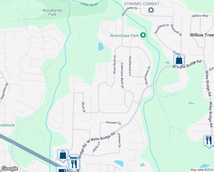 map of restaurants, bars, coffee shops, grocery stores, and more near 702 River Rock Passage in Woodstock