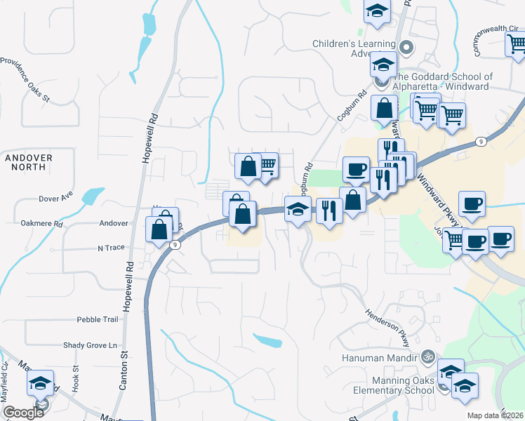map of restaurants, bars, coffee shops, grocery stores, and more near 684 North Main Street in Alpharetta
