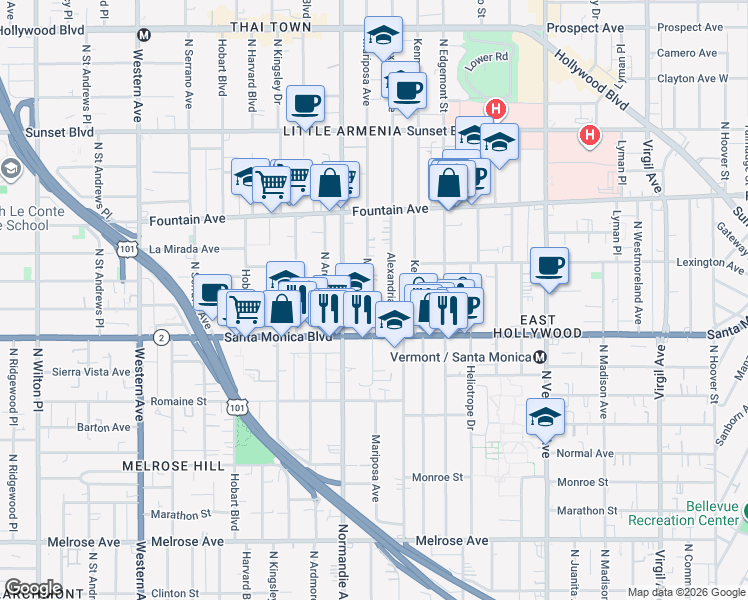 map of restaurants, bars, coffee shops, grocery stores, and more near 1136 North Mariposa Avenue in Los Angeles