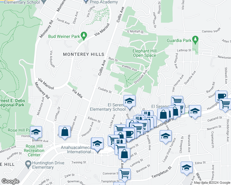 map of restaurants, bars, coffee shops, grocery stores, and more near 1211 Cudahy Street in Los Angeles