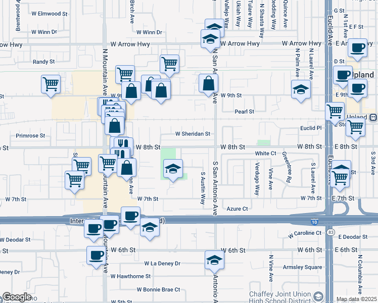 map of restaurants, bars, coffee shops, grocery stores, and more near 896 West 8th Street in Upland