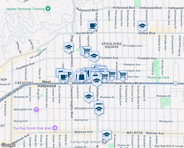 map of restaurants, bars, coffee shops, grocery stores, and more near 7911 Norton Avenue in West Hollywood