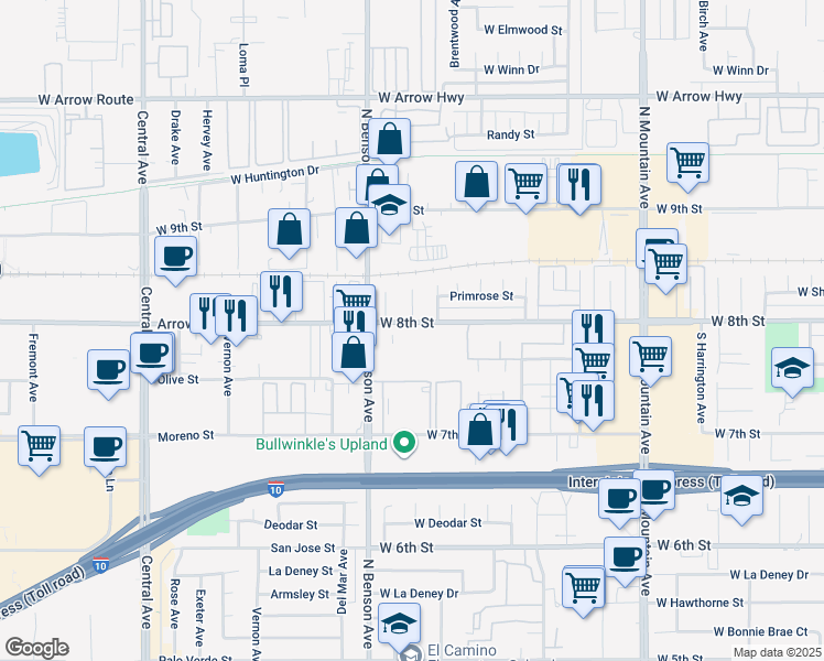 map of restaurants, bars, coffee shops, grocery stores, and more near 1540 West 8th Street in Upland
