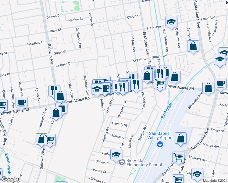 map of restaurants, bars, coffee shops, grocery stores, and more near 10405 Lower Azusa Road in Temple City