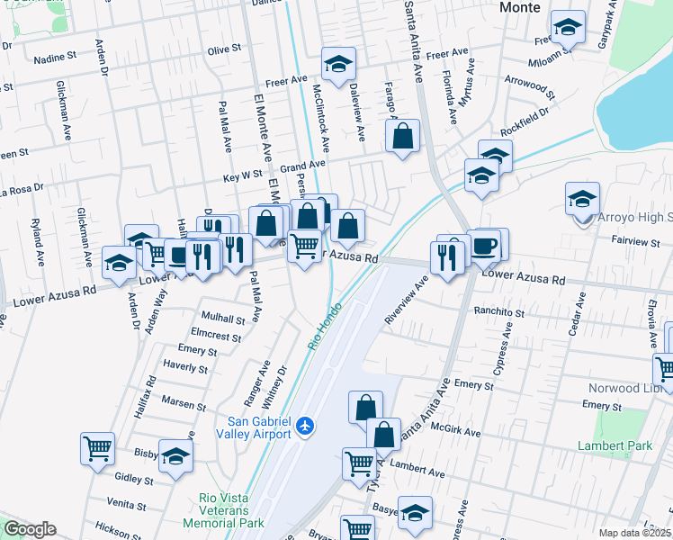 map of restaurants, bars, coffee shops, grocery stores, and more near 10724 Lower Azusa Rd in El Monte