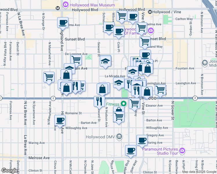 map of restaurants, bars, coffee shops, grocery stores, and more near 1147 Wilcox Place in Los Angeles