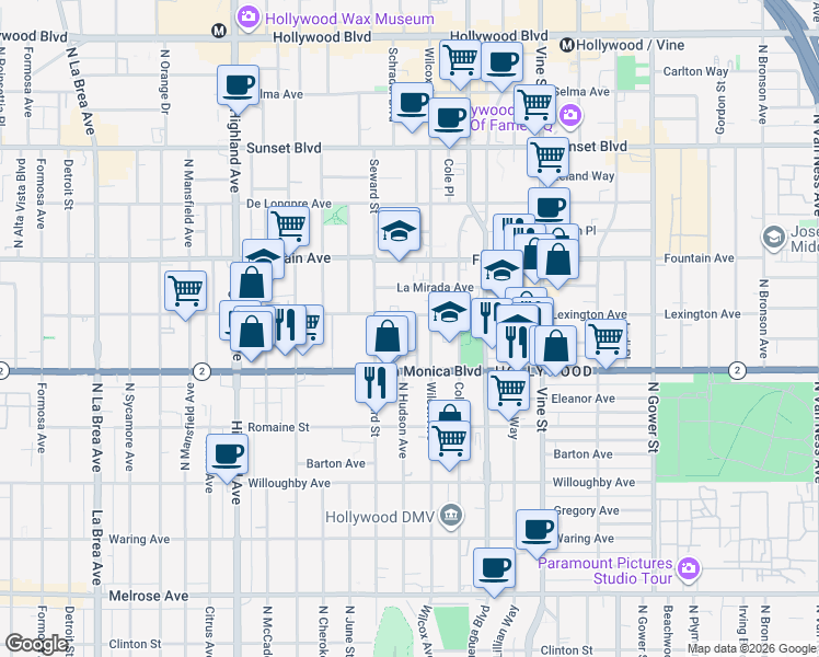 map of restaurants, bars, coffee shops, grocery stores, and more near 1143 Wilcox Place in Los Angeles