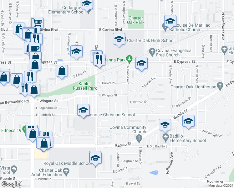 map of restaurants, bars, coffee shops, grocery stores, and more near 602 Rimhurst Avenue in Covina
