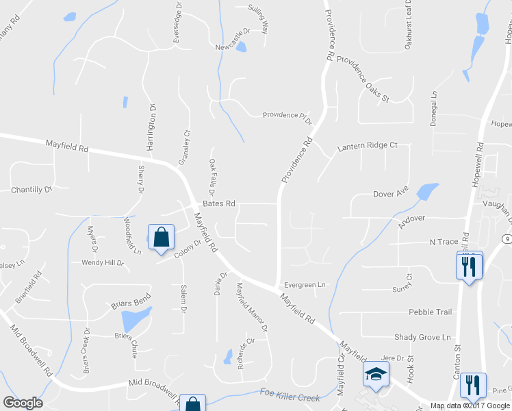 map of restaurants, bars, coffee shops, grocery stores, and more near 1745 Bates Road in Alpharetta