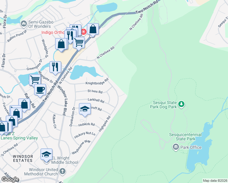 map of restaurants, bars, coffee shops, grocery stores, and more near 9826 Highgate Road in Columbia