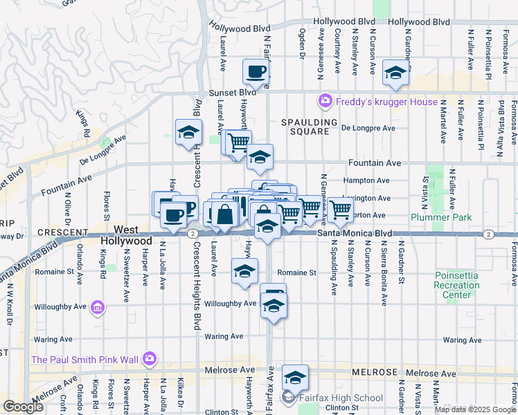 map of restaurants, bars, coffee shops, grocery stores, and more near 7911 Norton Avenue in West Hollywood