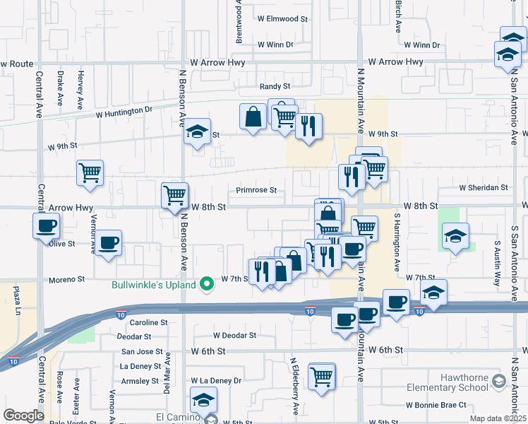 map of restaurants, bars, coffee shops, grocery stores, and more near 1428 West 8th Street in Upland