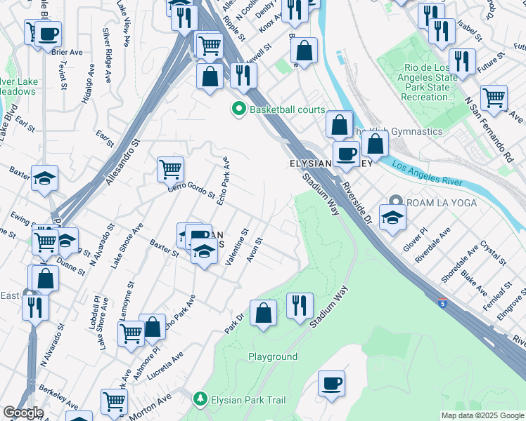 map of restaurants, bars, coffee shops, grocery stores, and more near 2222 Valentine Street in Los Angeles