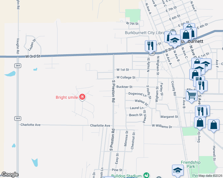 map of restaurants, bars, coffee shops, grocery stores, and more near 112-198 South Preston Road in Burkburnett