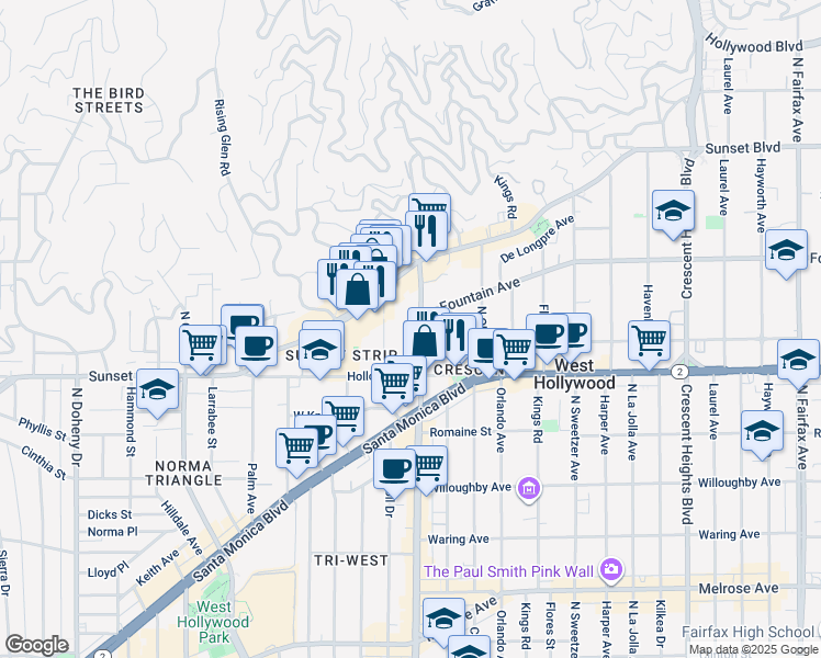 map of restaurants, bars, coffee shops, grocery stores, and more near 1155 North La Cienega Boulevard in West Hollywood