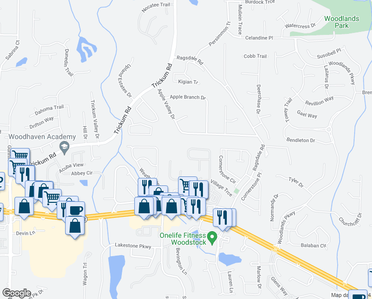 map of restaurants, bars, coffee shops, grocery stores, and more near 258 Weatherstone Drive in Woodstock