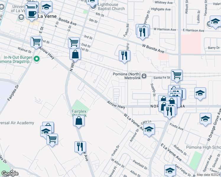 map of restaurants, bars, coffee shops, grocery stores, and more near 2755 Arrow Highway in La Verne
