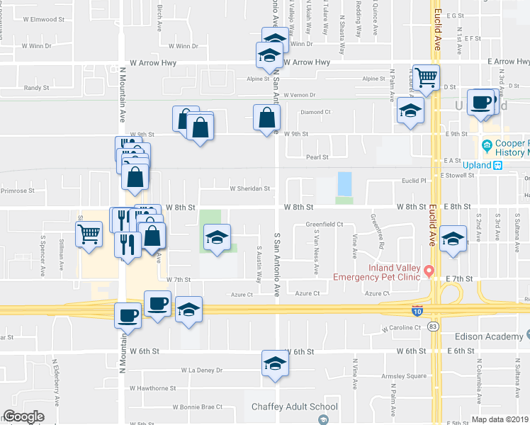 map of restaurants, bars, coffee shops, grocery stores, and more near 834 West 8th Street in Upland