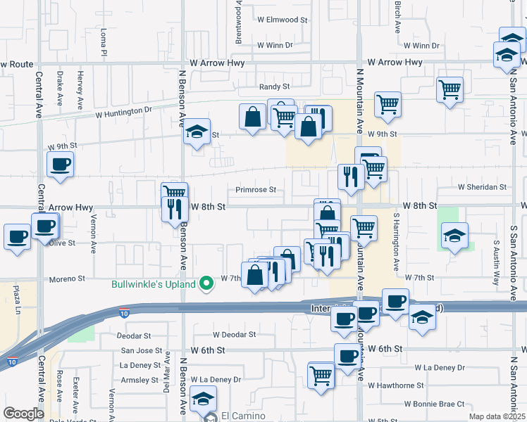 map of restaurants, bars, coffee shops, grocery stores, and more near 1428 West 8th Street in Upland