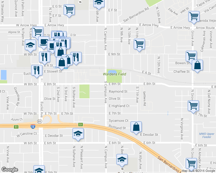 map of restaurants, bars, coffee shops, grocery stores, and more near 216 South Campus Avenue in Upland