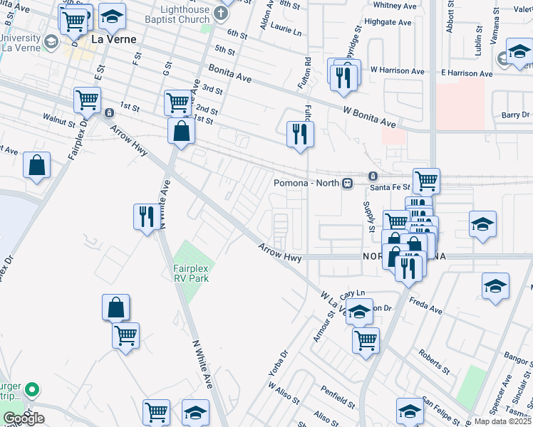 map of restaurants, bars, coffee shops, grocery stores, and more near in La Verne