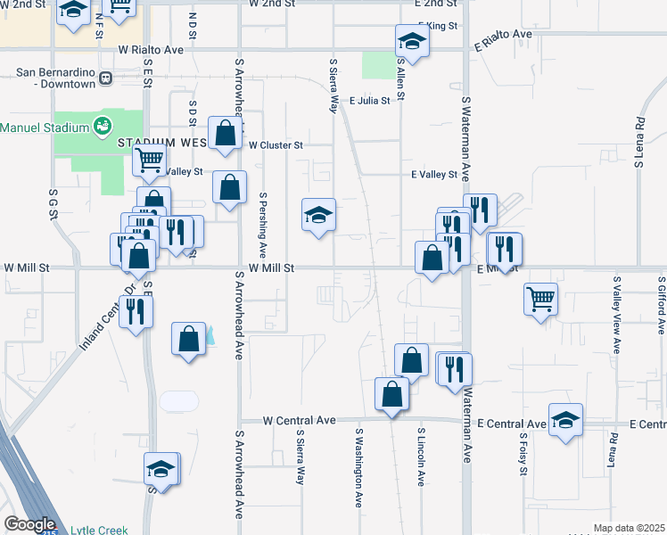 map of restaurants, bars, coffee shops, grocery stores, and more near 26 West Mill Street in San Bernardino