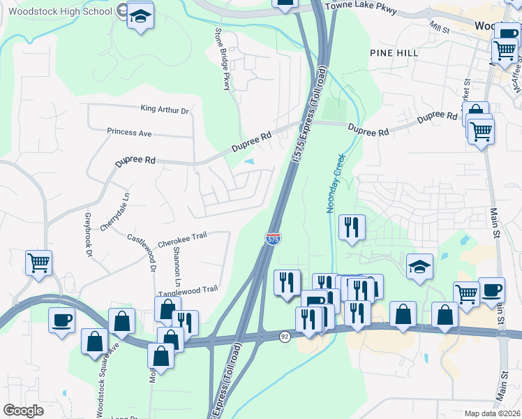 map of restaurants, bars, coffee shops, grocery stores, and more near 643 Stickley Oak Way in Woodstock