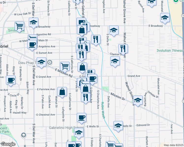 map of restaurants, bars, coffee shops, grocery stores, and more near 808 South Gladys Avenue in San Gabriel
